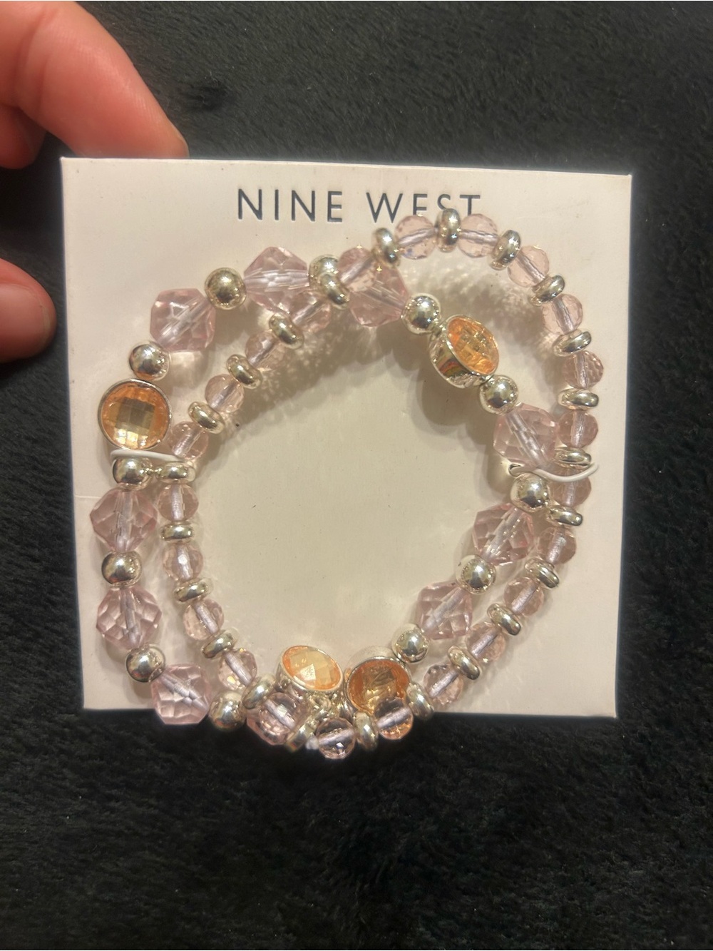 Nine West Pink & Silver Beaded Stretch Bracelet Set Rhinestone Accents
